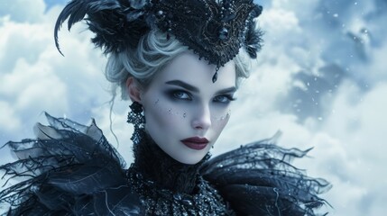 Poster - Enchanting Snow Queen with snow-white skin contrasting elegantly against a majestic ensemble with touches of rich black fabric, evoking an air of icy elegance and royal demeanor Generative AI