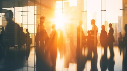 Poster - Silhouettes of diverse business people working together, toned image of office interior and skyscrapers. Concept of modern office with managers, partners : Generative AI