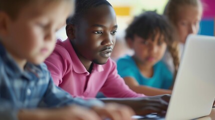 Poster - Teacher Teaching Diverse School Kids Using Laptop In Classroom. African American Schoolboy And Diverse Classmates Browsing Internet On Computer Learning Online Indoor. E-Learning Conce : Generative AI
