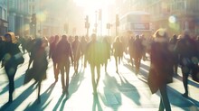 London, UK. Crowd Of People Walking At Work In Early Morning. Concept Wide Background With Space For Text. Multiple Exposure Image : Generative AI