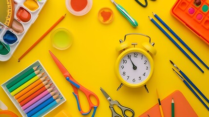 Poster - Alarm clock, paint, pencils and scissors. School accessories on a yellow background. View from above : Generative AI