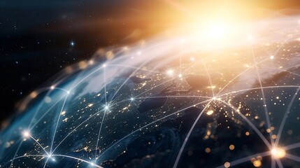 Fototapete - Global world telecommunication network connected around planet Earth, concept about internet and worldwide communication technology for finance, blockchain cryptocurrency or IoT : Generative AI