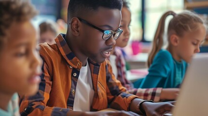Poster - Teacher Teaching Diverse School Kids Using Laptop In Classroom. African American Schoolboy And Diverse Classmates Browsing Internet On Computer Learning Online Indoor. E-Learning Conce : Generative AI