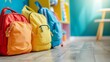 Colourful children schoolbags on wooden floor. Backpacks with school accessories : Generative AI