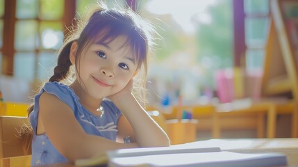 Poster - Learning, drawing and portrait of girl in classroom exam, education or studying with book. Preschool smile, development and happy kid or student coloring for creative art in notebook i : Generative AI