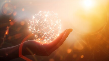 Aufkleber - Woman hand holding global network connection. Internet communication, Wireless connection technology. Futuristic technology with polygonal shapes. : Generative AI