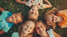 Portrait of cheerful kids lying together on grass at summer camp : Generative AI