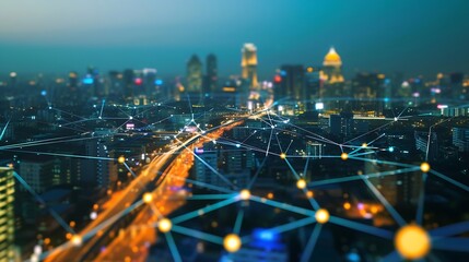 Aufkleber - Smart city dot point connect with gradient line, connection technology metaverse concept. Bangkok, Thailand night city banner with big data. : Generative AI