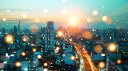Aufkleber - Energy Digitalization Smart city with Wireless network and Connection technology concept with Abstract Bangkok city background : Generative AI