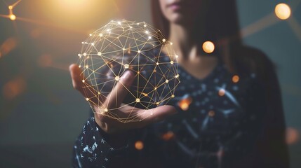 Aufkleber - Woman hand holding global network connection. Internet communication, Wireless connection technology. Futuristic technology with polygonal shapes. : Generative AI
