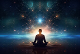 Fototapeta Kosmos - A meditating human silhouette in yoga lotus pose. Galaxy universe background.