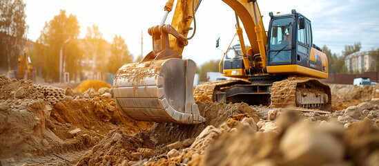 An excavator digs the ground for a foundation and laying a sewer line at a construction site