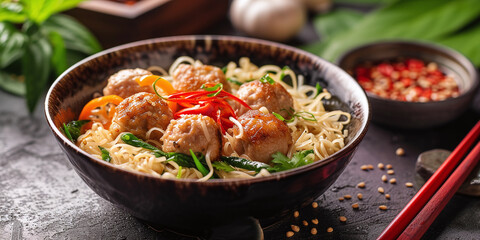 Wall Mural - Egg noodles with pork meatballs and vegetables Thai style noodles