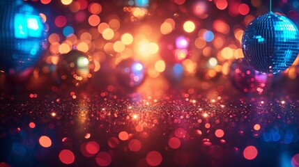 Fototapete - Glittering disco lights event setting, sparkling dance floor, and vibrant disco ball reflections, ideal for lively music or dance streams Generative AI