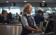 An airport employee checks passengers in at the check-in counter with a smile. 