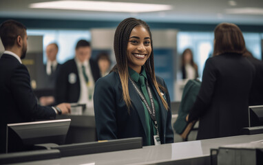 An airport employee checks passengers in at the check-in counter with a smile. 