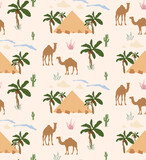 Fototapeta Konie - Palm Camel Pyramid Cactus Vector Seamless
Cute Camels with Cactus Seamless Pattern Good for Fabric Textile Vector Elements Desert Landscape Camels Cloud Cactus Seamless Pattern Vector Illustration