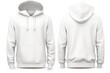 Realistic mockup of a blank white hoodie with front pouch pocket, shown from both front and back views, ideal for design presentations and fashion showcases