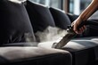 A detailed view of a steam cleaner being used on a grey couch, focusing on the steam's effect on the fabric for a thorough clean
