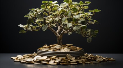 Aufkleber - Hyper-realistic scene presenting a tree on a white background symbolizing the potency of capital growth positioned next to a coin. Lifelike and detailed representation illustrating the intertwining of