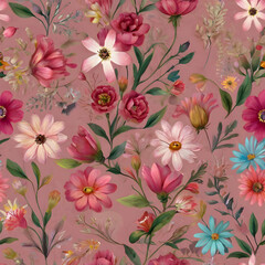 Wall Mural - seamless pattern with pink flowers floral  vector  wallpaper  nature  design  decoration  art,Ai generated 