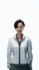 Poster - Middle-aged female scientist in a lab, wearing protective gear, subtle smile, in full stature against a white background Generative AI