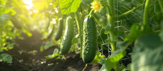 Sunlit garden net for supporting cucumber plants with curly grid lianas, flowers, and fruit ovaries.