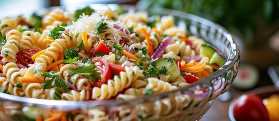 Poster - Pasta salad with vegetables and mayo in a bowl for a garden party, narrow depth of field.