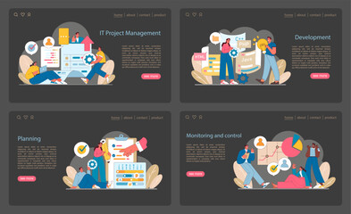 Poster - Comprehensive IT project management set. From initial planning to development, and ongoing monitoring. A complete toolkit for digital project success. Flat vector illustration.