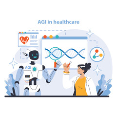 Poster - AGI concept. Revolutionizing healthcare with AI diagnostics and genetic research. Interactive AI aiding medical professionals. Flat vector illustration.