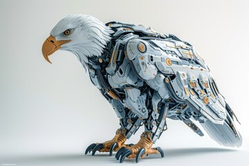 Poster - Photo concept of a cybernetically enhanced bald eagle with robotic parts and technological augmentations, showcased against a clean white setting Generative AI