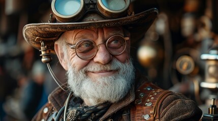 Poster - Photo concept of an elderly post-apocalypse individual in steampunk attire, smiling and displaying resilience in a difficult world Generative AI