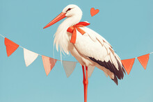 Baby Birth Announcement. Illustration Standing Stork With Red Hearts Against A Blue Sky.
