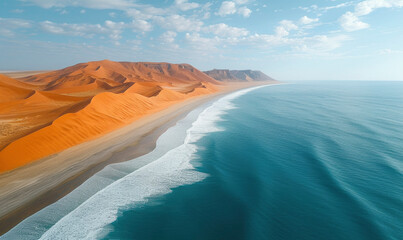 Wall Mural - Place where Namib desert and the Atlantic ocean meets, Skeleton coast, South Africa, Namibia, aerial shot.