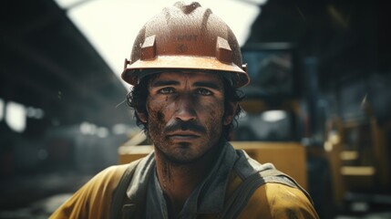 Poster - Portrait of a road worker with a road roller, guiding its movement, road construction area with workers visible Generative AI