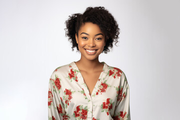 Wall Mural - A young, radiant Beautiful Black woman adorns herself in relax pajamas, smiling peacefully against a simple background. Generative AI.