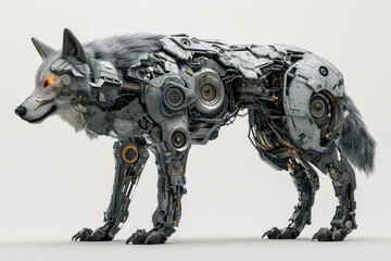 Poster - Realistic depiction of a cybernetically enhanced wolf with robotic parts and technological upgrades, set against a plain white backdrop Generative AI