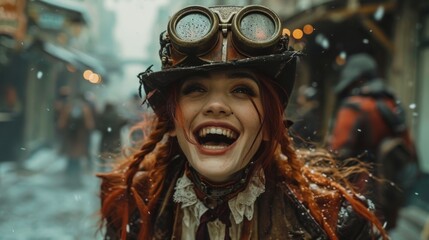 Aufkleber - Realistic depiction of a post-apocalypse person in steampunk attire, exuding joy and optimism despite the harsh environment Generative AI