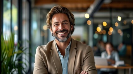 Wall Mural - Realistic depiction of a man in an office, smiling pleasantly while giving a presentation or sharing insights with coworkers Generative AI