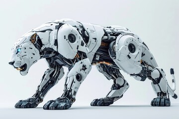 Aufkleber - Realistic depiction of a robotically augmented jaguar with mechanical enhancements and cybernetic upgrades, showcased against a clean white background Generative AI