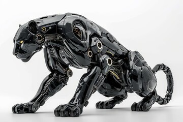 Aufkleber - Realistic depiction of a robotically augmented panther with mechanical enhancements, cybernetic limbs against a clean white background Generative AI