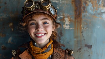 Poster - Realistic depiction of a teenage post-apocalypse person dressed in steampunk attire, smiling brightly and showing optimism Generative AI