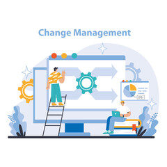 Poster - Change Management concept. Dynamic illustration of organizational transformation with focus on strategy implementation and performance analysis. Navigating progress and adaptation.