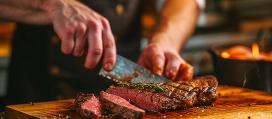 Poster - Waiter slicing Rib eye steak on wooden board at BBQ restaurant.