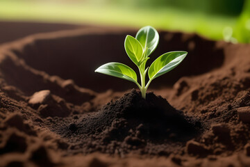 Small green plant growing in rich soil up close with blurred background