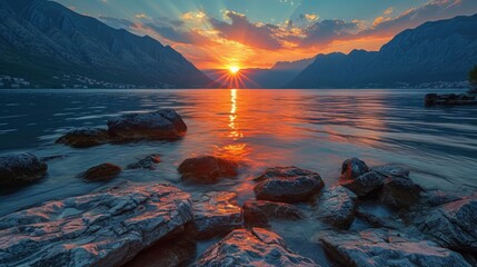Poster - Realistic photo capturing the Bay of Kotor during sunset, the sky painted with hues of orange and pink, the sun setting behind the mountains, reflecting on the rippling waves and rocky shoreline Gener