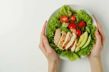 Poster - woman hands holding bowl with salad, vegetables and chicken for lunch