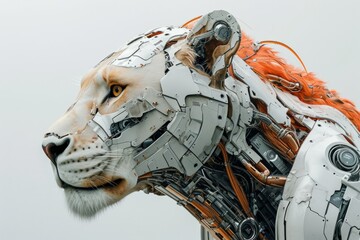 Poster - Realistic photo of a lion with cybernetic enhancements, robotic mane, and metallic features against a white backdrop Generative AI