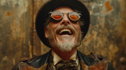 Poster - Realistic portrayal of a middle-aged post-apocalypse person, dressed in steampunk attire, laughing joyfully with a positive spirit Generative AI