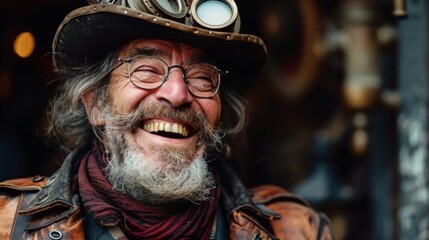 Poster - Realistic portrayal of a middle-aged post-apocalypse person, dressed in steampunk attire, laughing joyfully with a positive spirit Generative AI